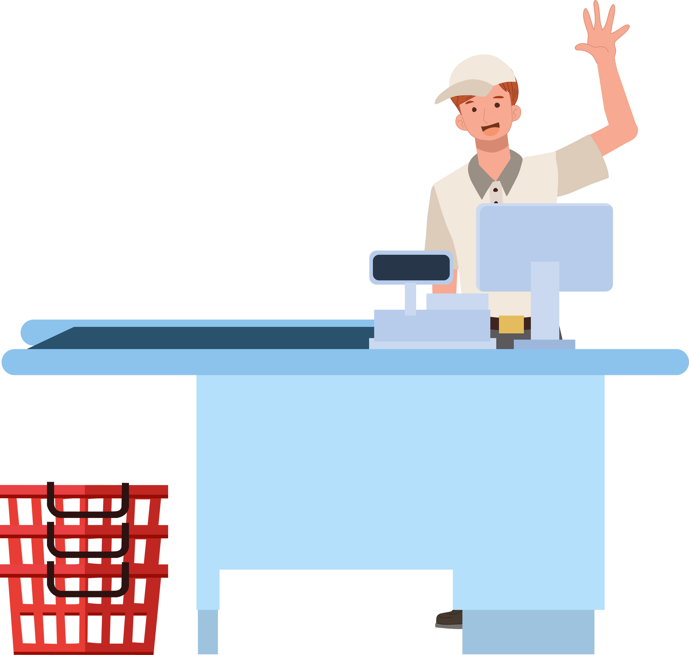 Happy male grocery store or supermarket cashier at checkout counter.